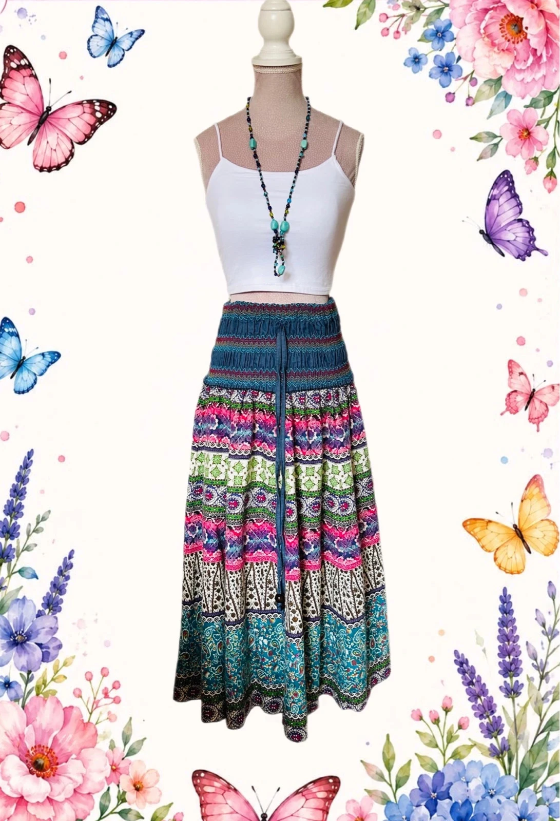 🩵🌿Jupe robe 2-en-1 Bohème Artisanale Vintage Folk Handmade Ethnic Hippie Skirt Dress 36/38🌿💜